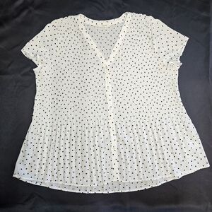 Anthropologie Pleione Women Blouse Short Sleeve V-neck Polka Dot Pleated Top